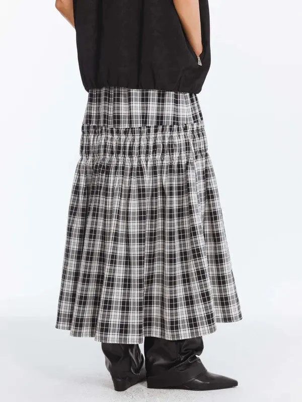 Elastic Draw String High Waist Checked Skirt in Black