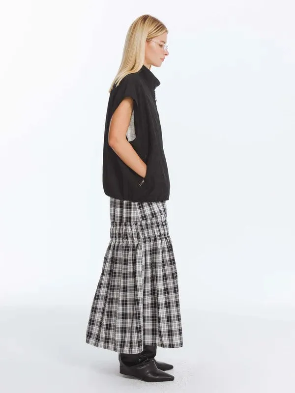 Elastic Draw String High Waist Checked Skirt in Black