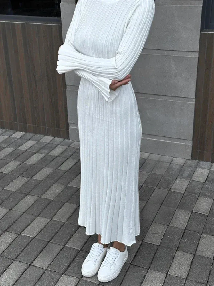 Elegant Knit Long Dresses for Women 2024 Spring Clothes Ladies Long Sleeve Pleated Dress White Black C81-EZ55