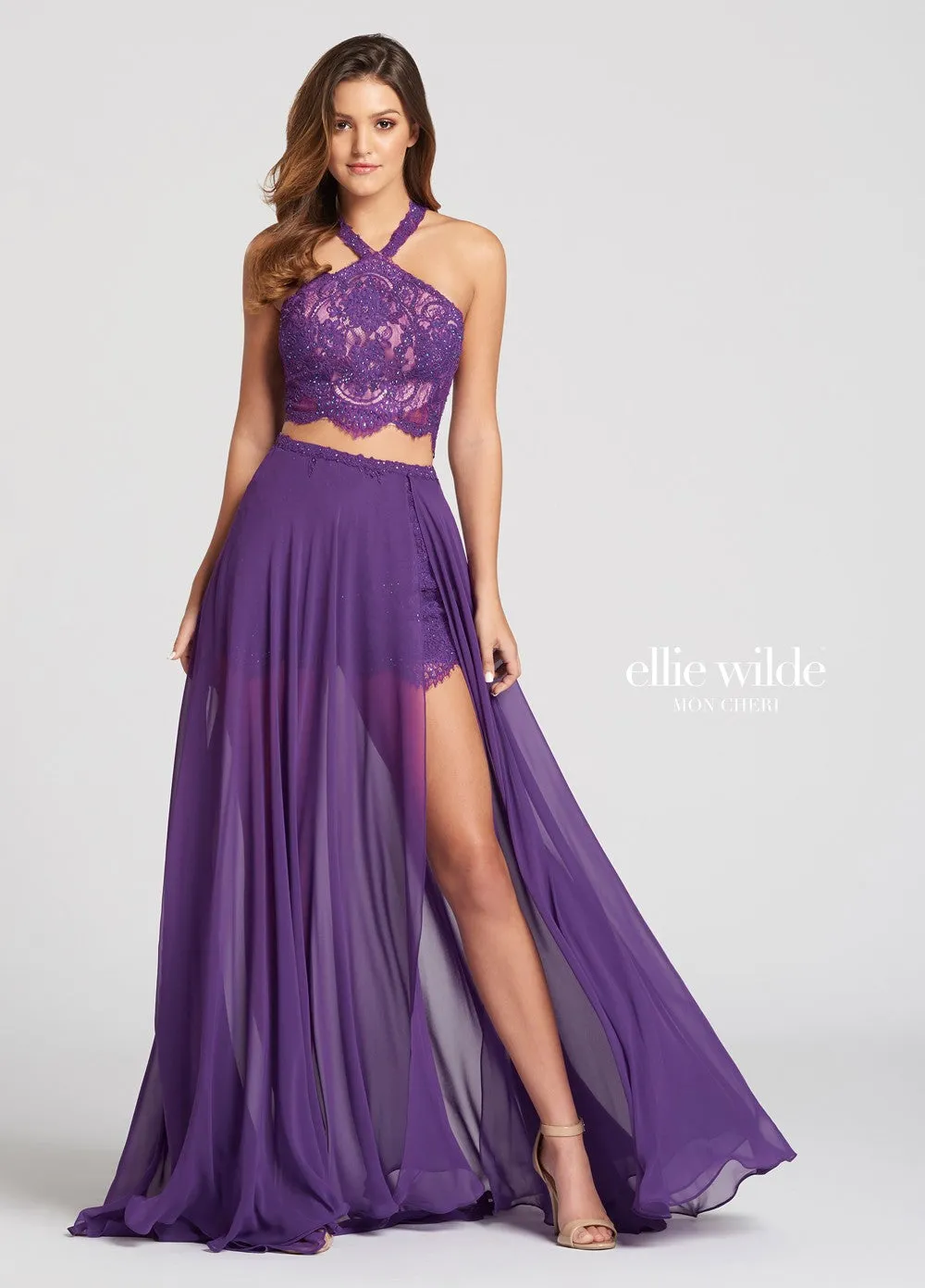 Ellie Wilde EW118109 Size 2 Purple Short Two Piece Lace Romper Overskirt Formal Dress