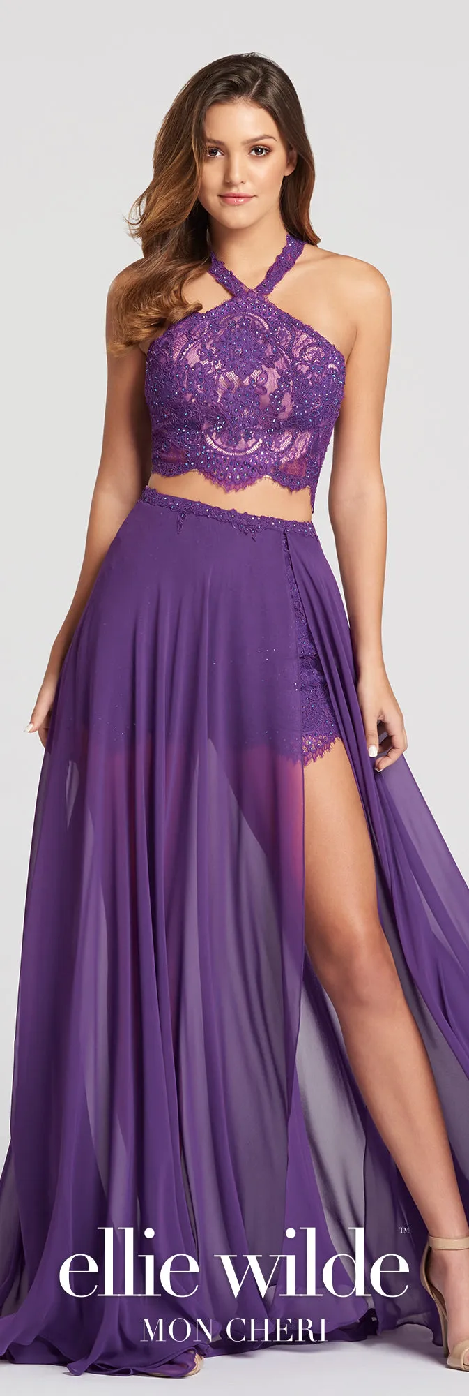 Ellie Wilde EW118109 Size 2 Purple Short Two Piece Lace Romper Overskirt Formal Dress