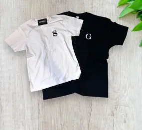 Embroidered block initial T-Shirt. Matching couple T-shirts, monochrome initial tee