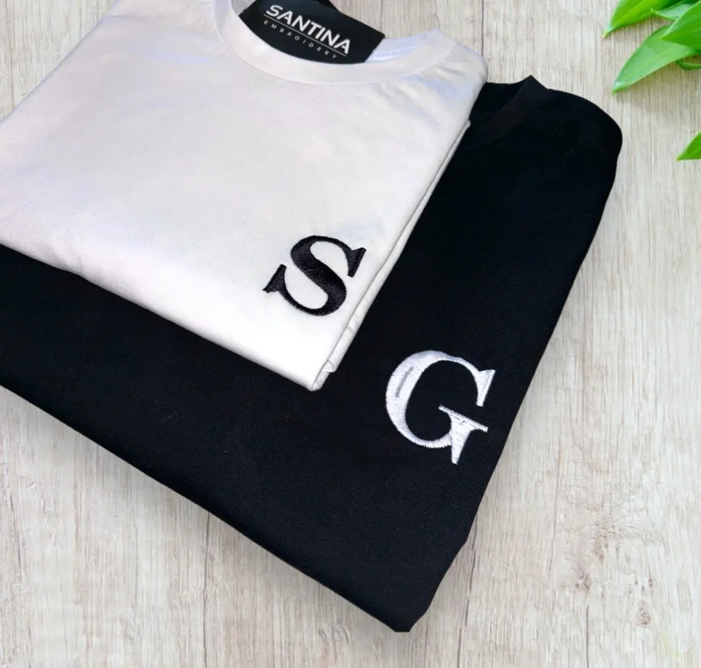 Embroidered block initial T-Shirt. Matching couple T-shirts, monochrome initial tee