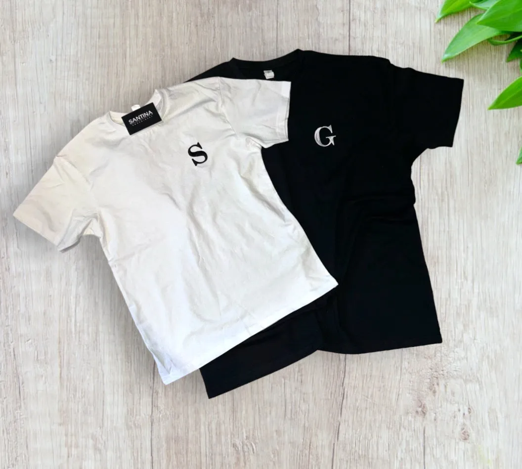 Embroidered block initial T-Shirt. Matching couple T-shirts, monochrome initial tee