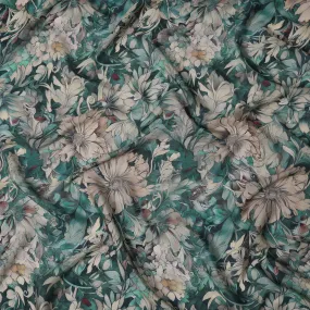 Emerald Green Viscose Digital Printed Fabric with Botanical Floral Design, 110 cm Width-D21315