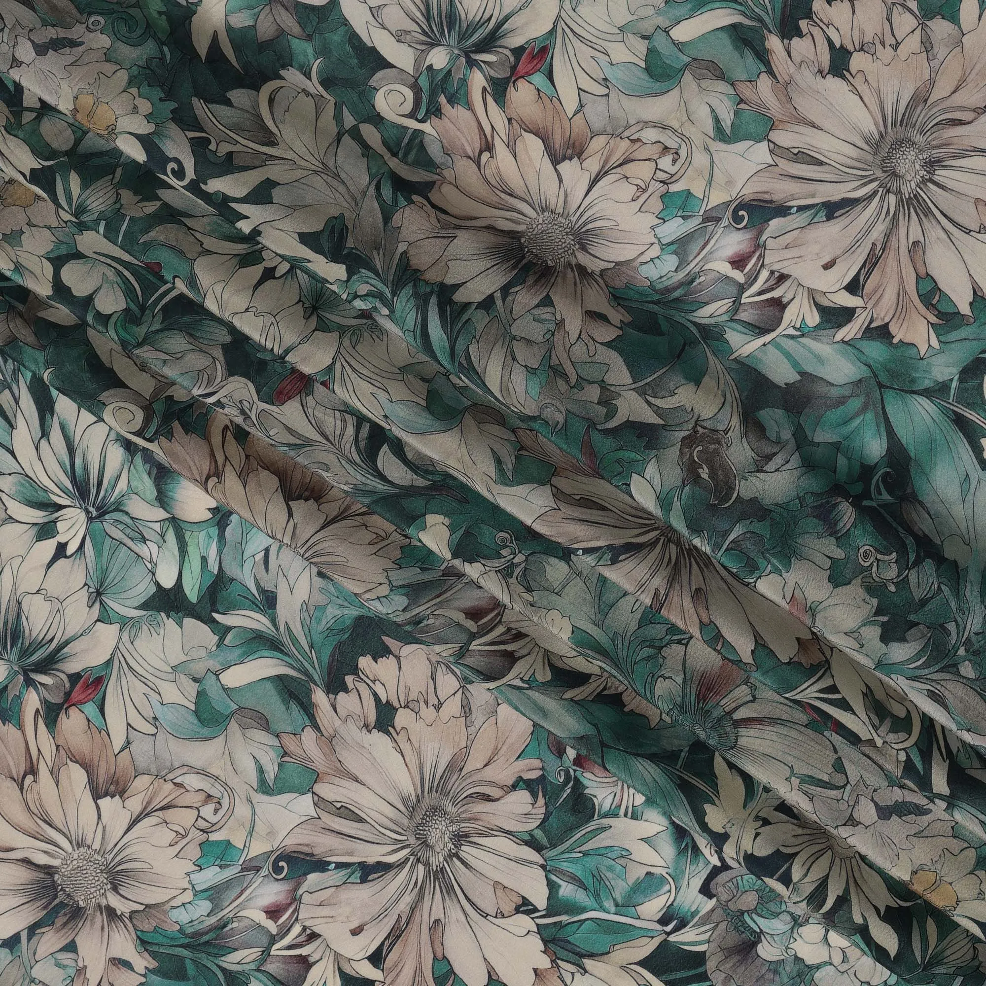 Emerald Green Viscose Digital Printed Fabric with Botanical Floral Design, 110 cm Width-D21315