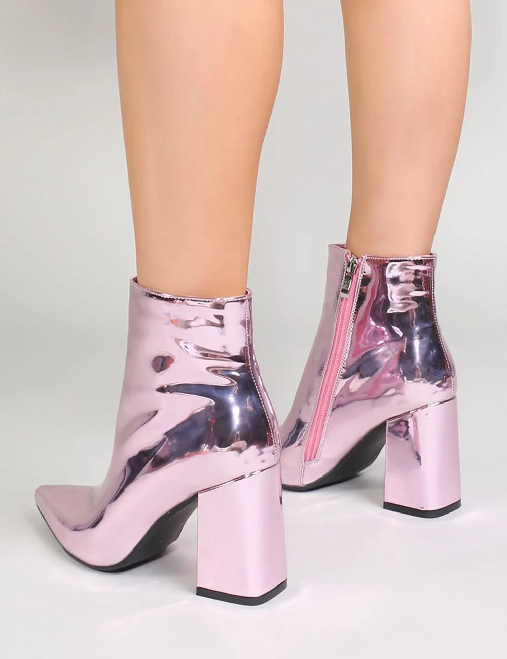 Empire Pointed Toe Ankle Boots in Pink Metallic