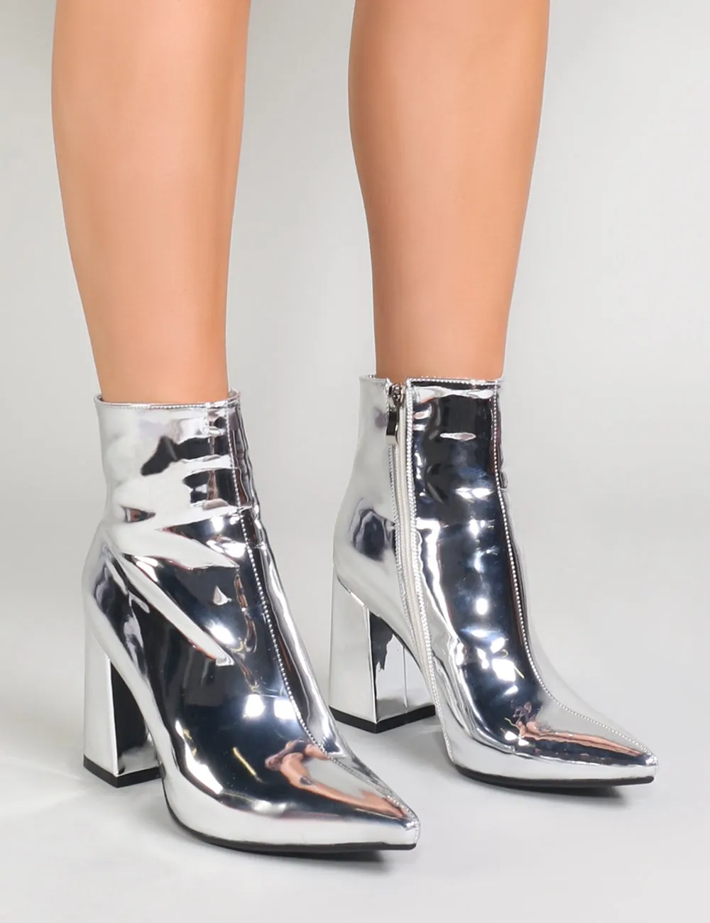 Empire Pointed Toe Ankle Boots in Silver Metallic