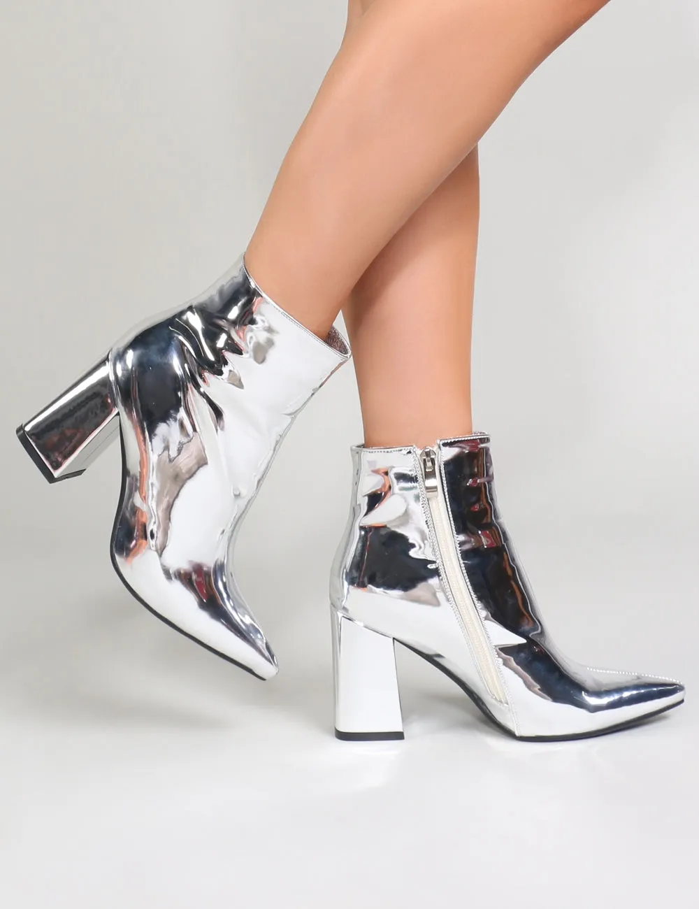 Empire Pointed Toe Ankle Boots in Silver Metallic