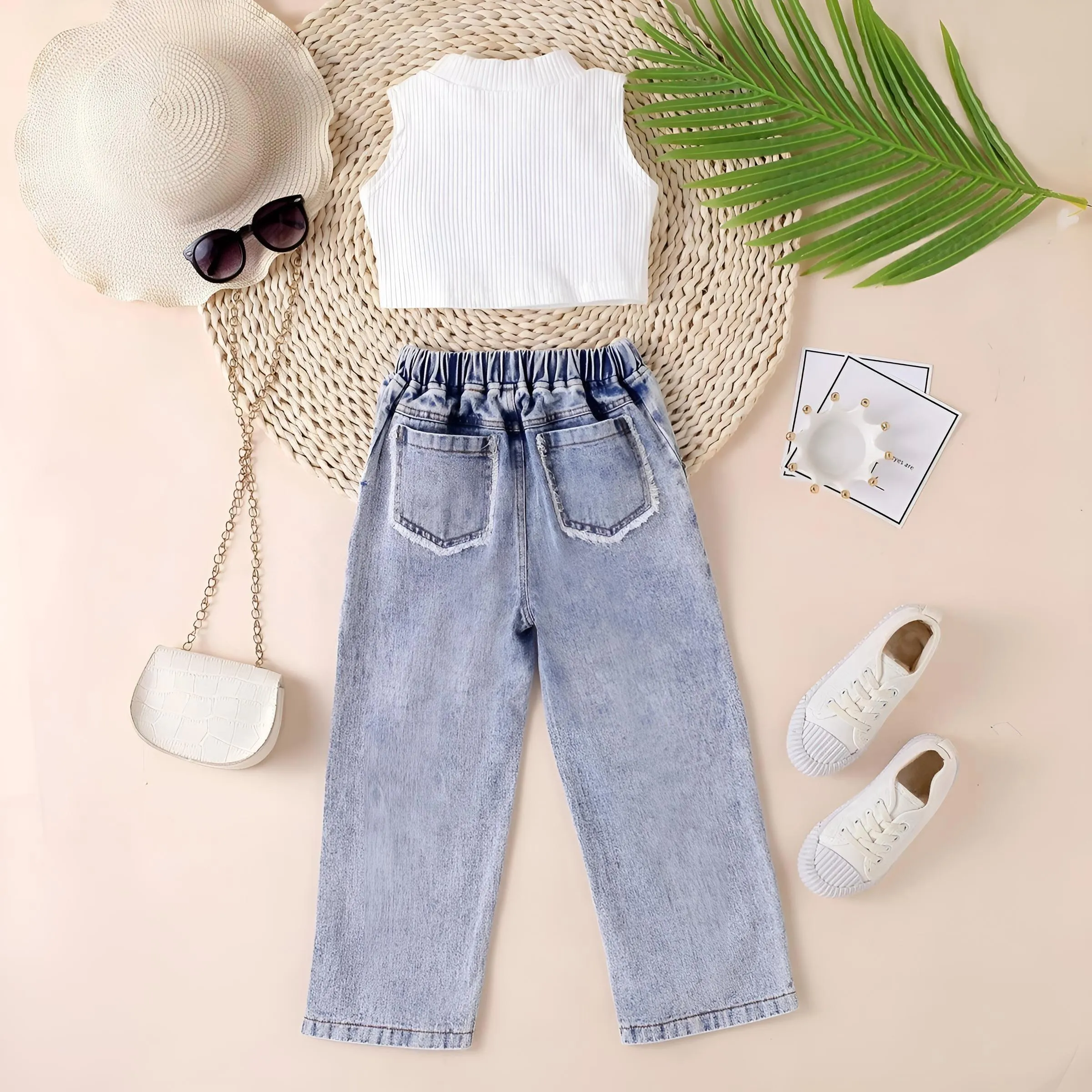 Fashion Girls' Sleeveless Crop Top and Loose Ripped Denim Jeans 2-Piece Set