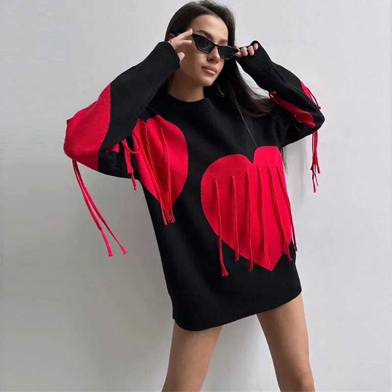 Fashionkova Knitted Tassel Love-shaped Sweater Women Autumn Casual O-neck Long Sleeve Pullover Sweater Female Loose Chic Elegant Outwear