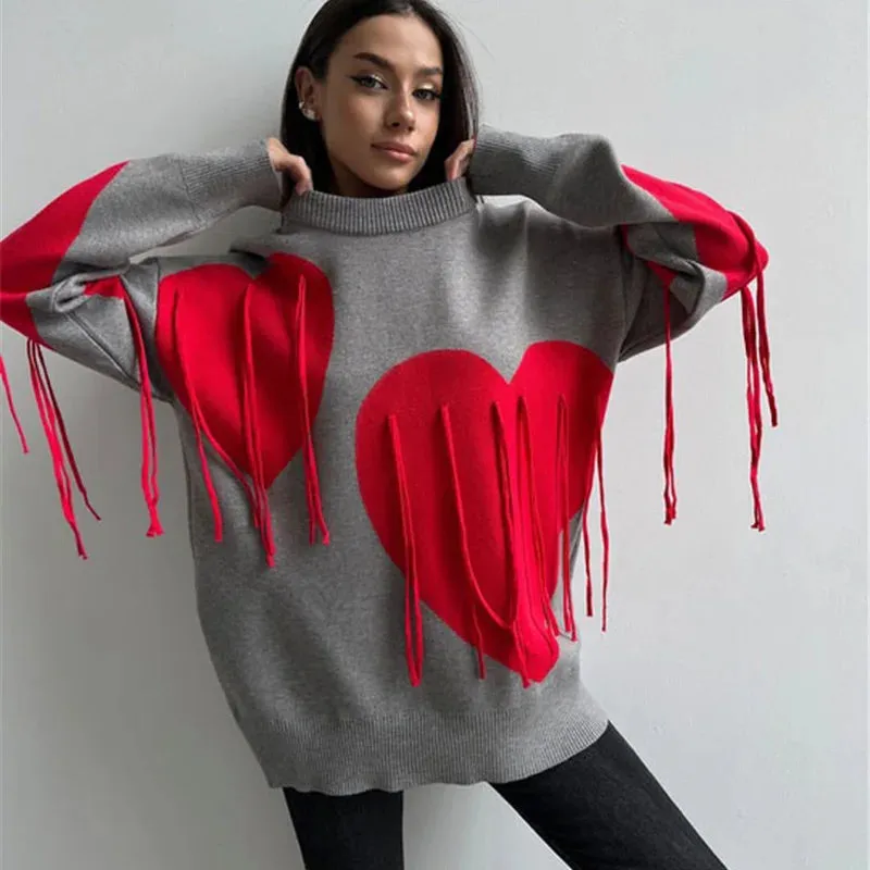 Fashionkova Knitted Tassel Love-shaped Sweater Women Autumn Casual O-neck Long Sleeve Pullover Sweater Female Loose Chic Elegant Outwear