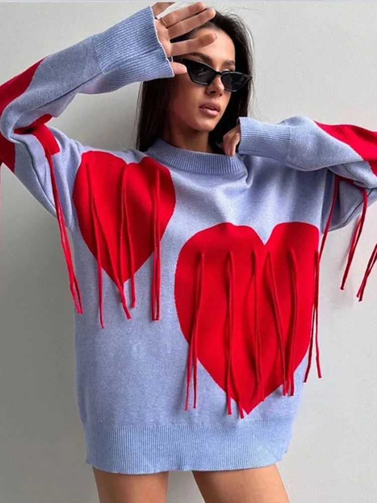 Fashionkova Knitted Tassel Love-shaped Sweater Women Autumn Casual O-neck Long Sleeve Pullover Sweater Female Loose Chic Elegant Outwear