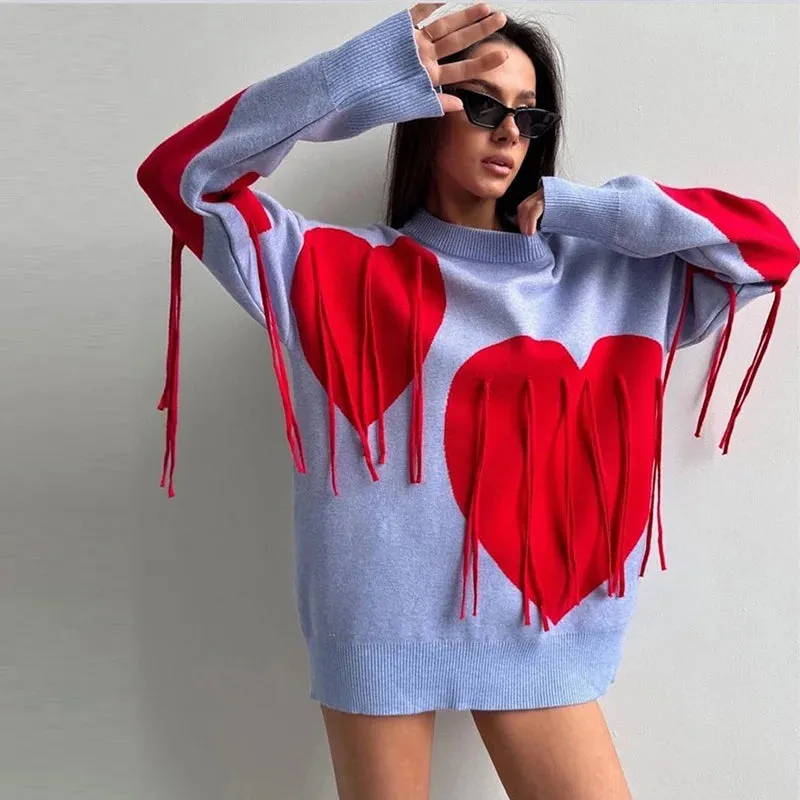 Fashionkova Knitted Tassel Love-shaped Sweater Women Autumn Casual O-neck Long Sleeve Pullover Sweater Female Loose Chic Elegant Outwear