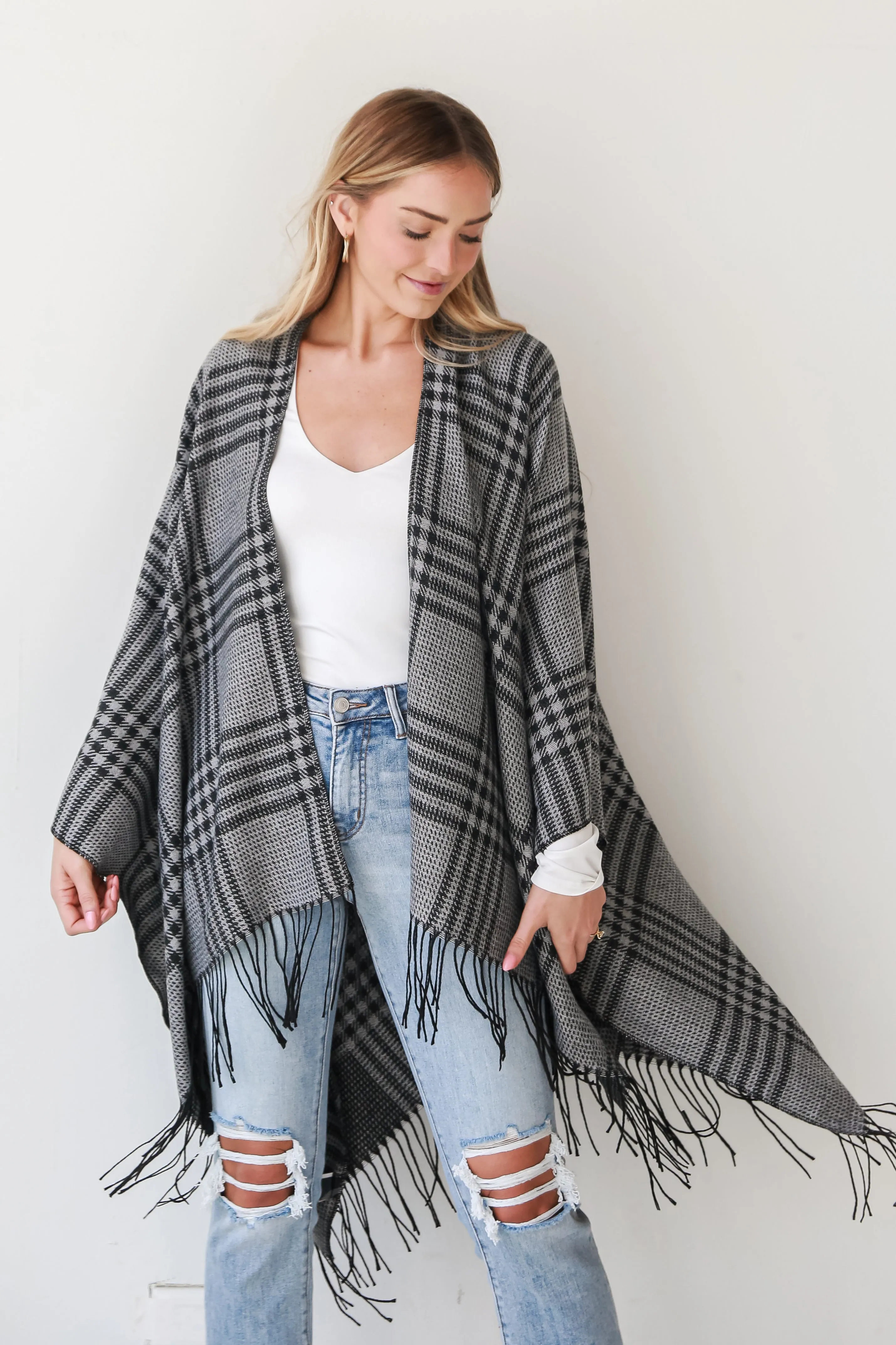 FINAL SALE - Cuddling Close Black Plaid Fringe Shawl - DOORBUSTER