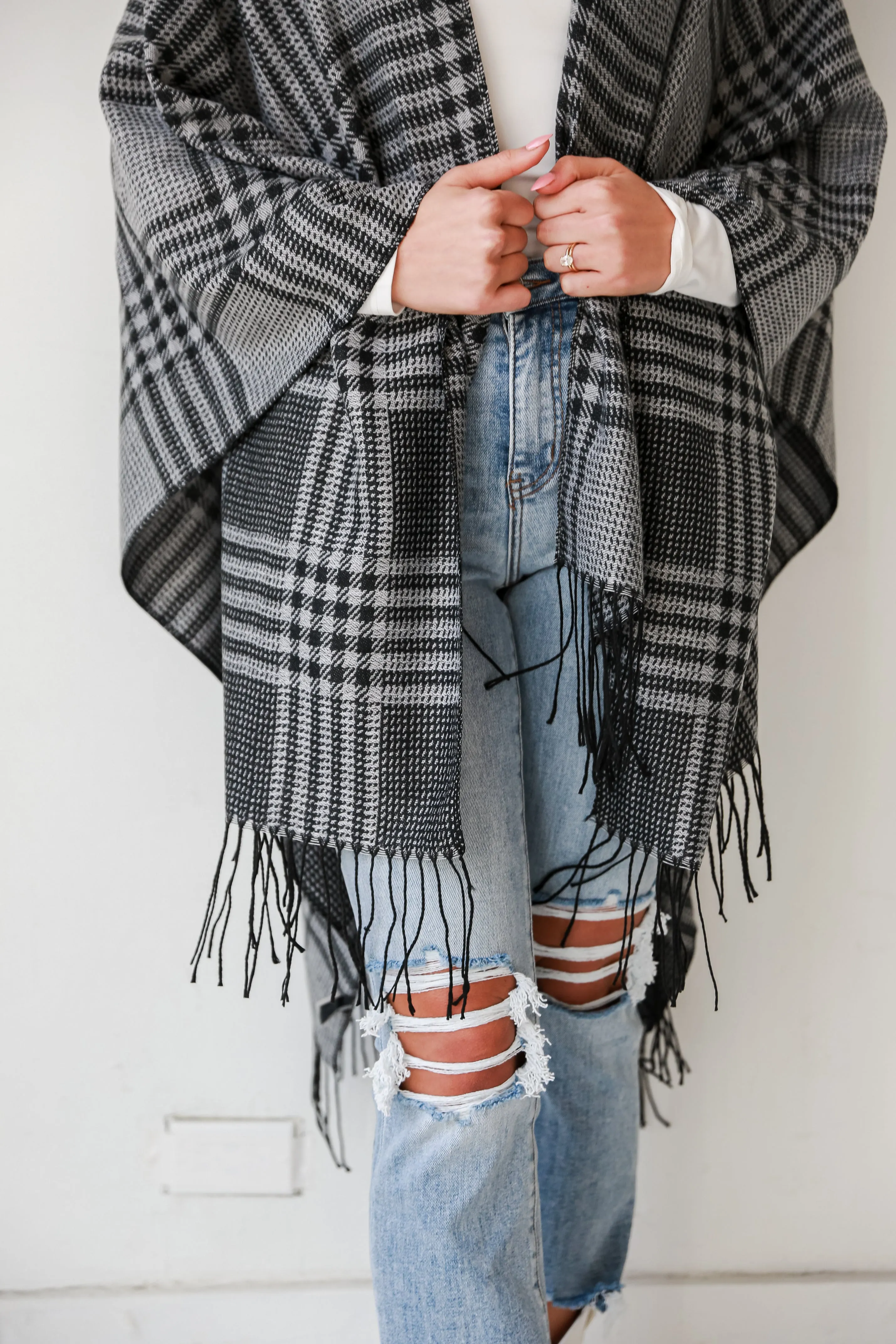 FINAL SALE - Cuddling Close Black Plaid Fringe Shawl - DOORBUSTER