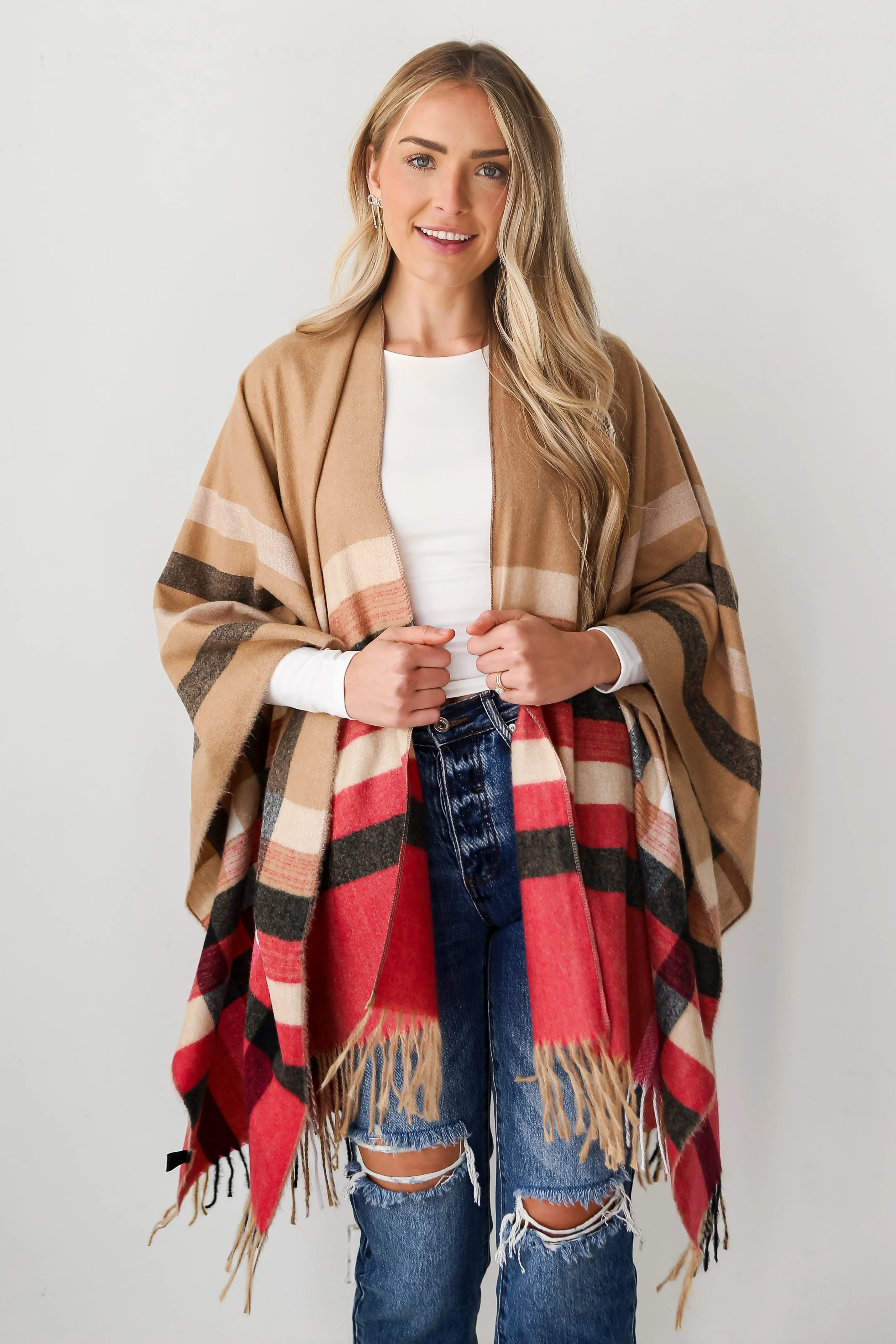 FINAL SALE - Most Wonderful Time Beige Plaid Fringe Shawl - DOORBUSTER