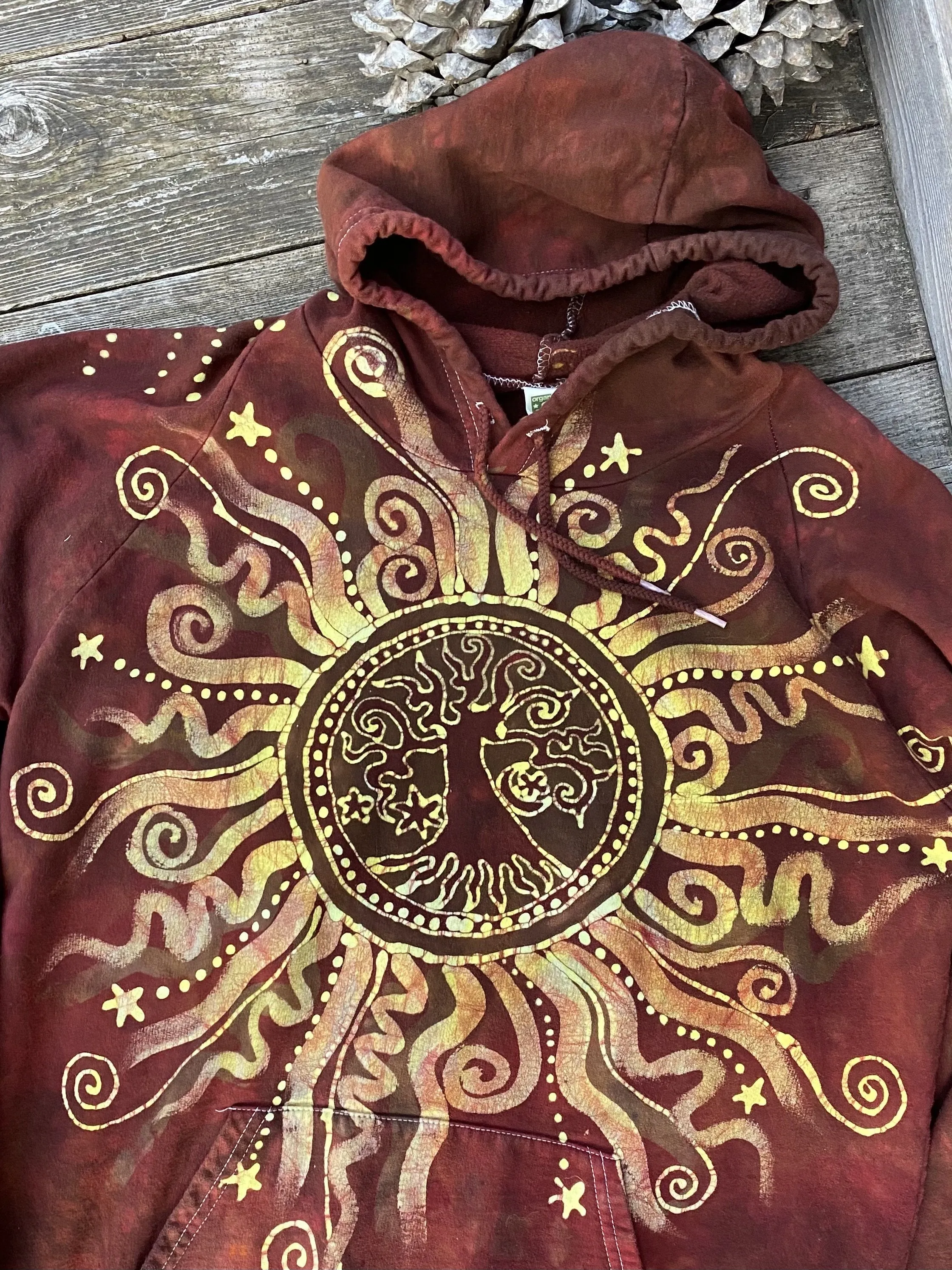 Fire On The Mountain Handcrafted Pullover Batik Hoodie - Organic Cotton - Size Large ONLY