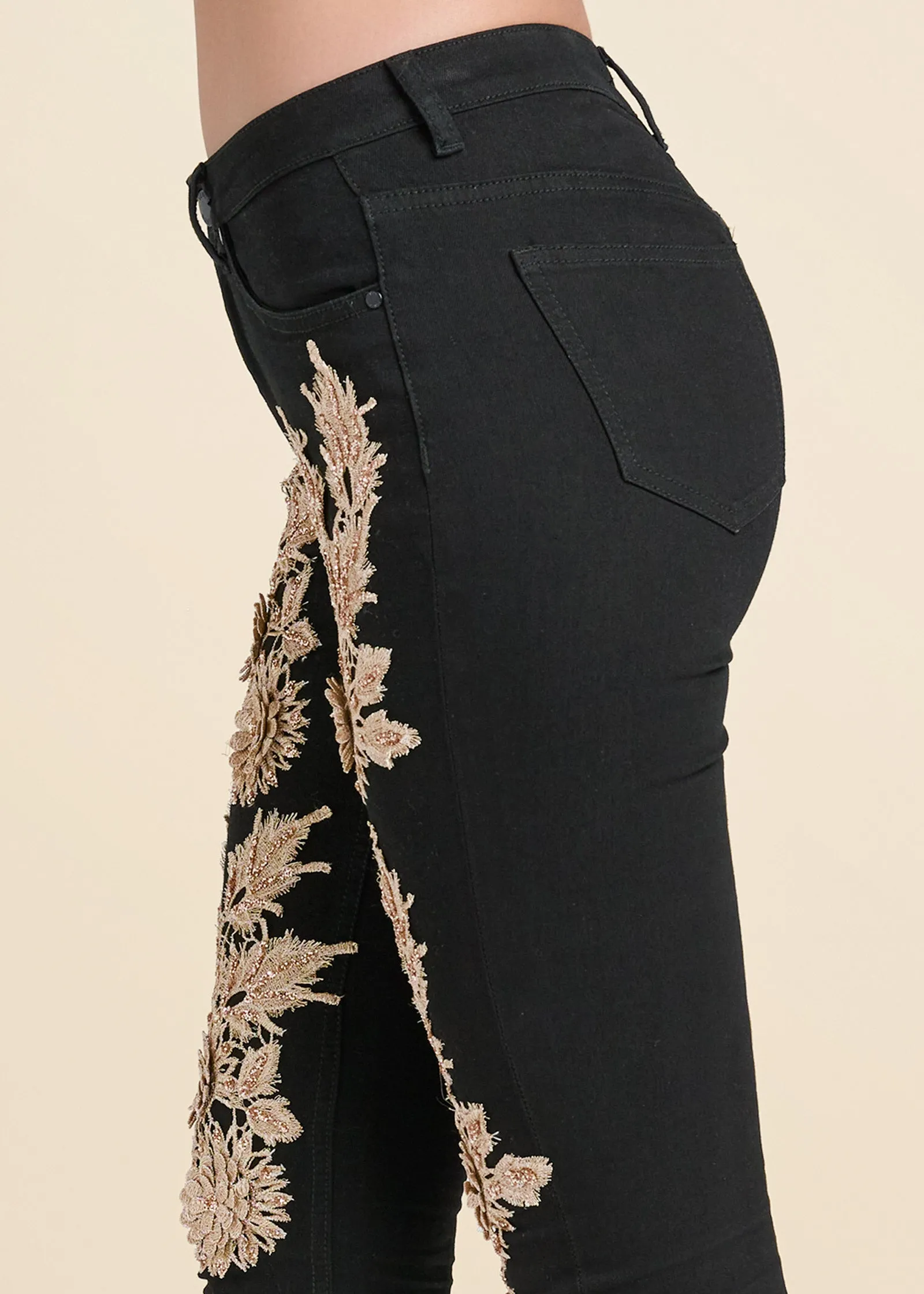 Floral Embellished Jeans - Black Multi