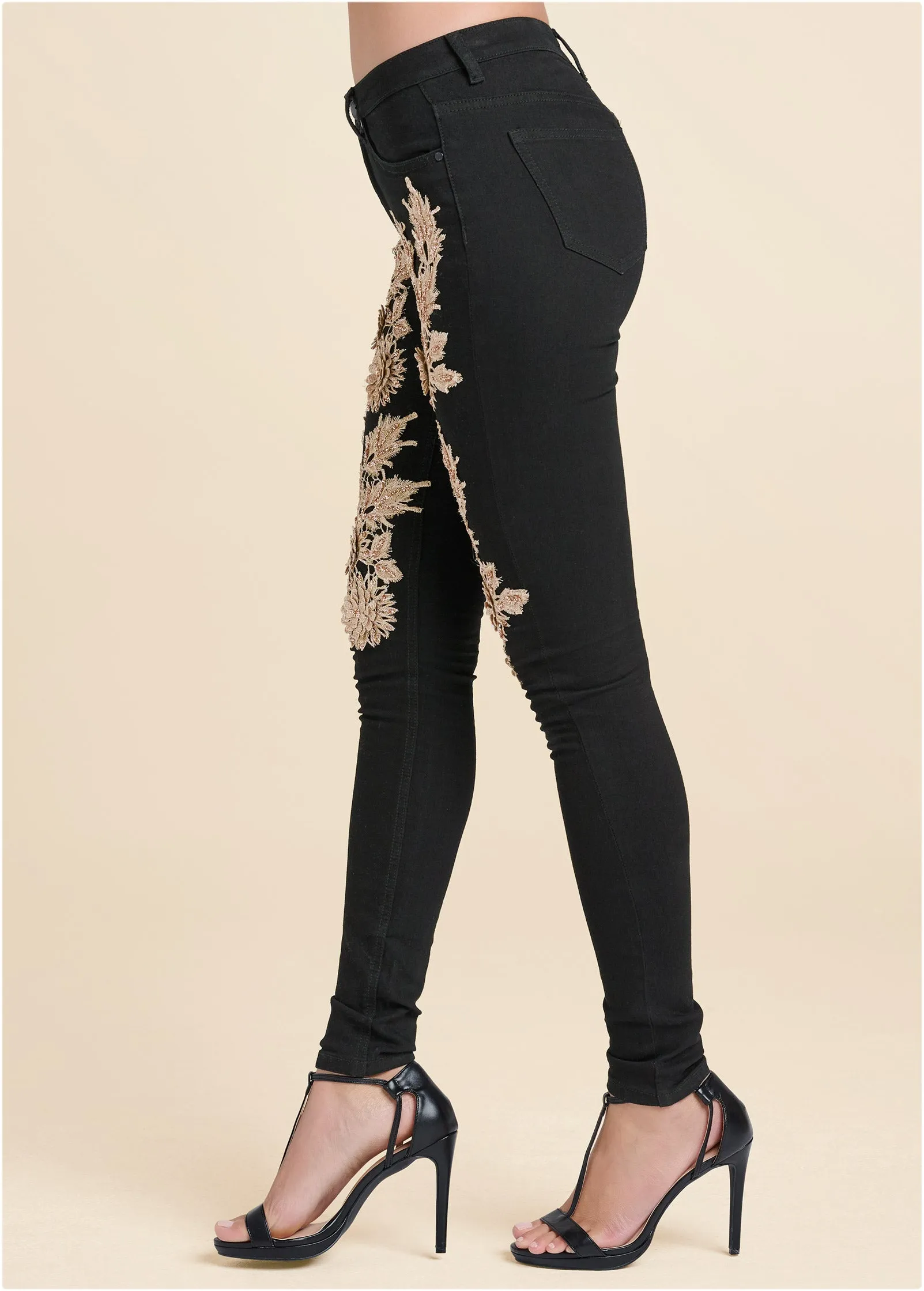 Floral Embellished Jeans - Black Multi