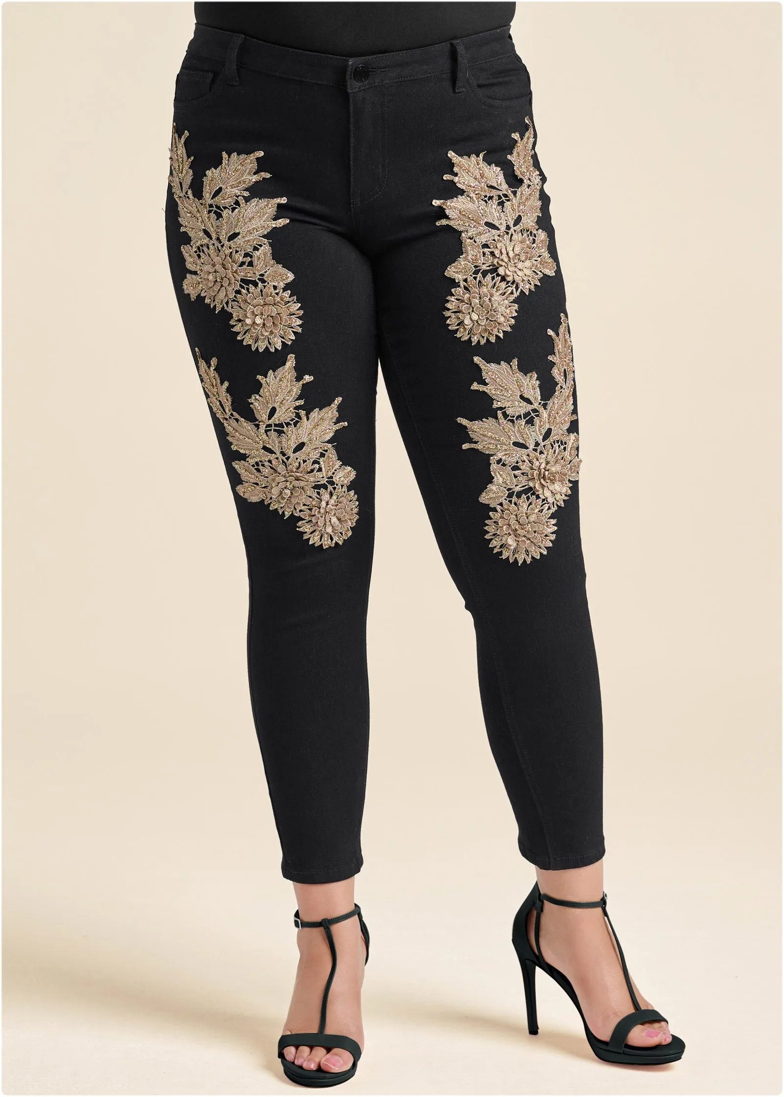 Floral Embellished Jeans - Black Multi