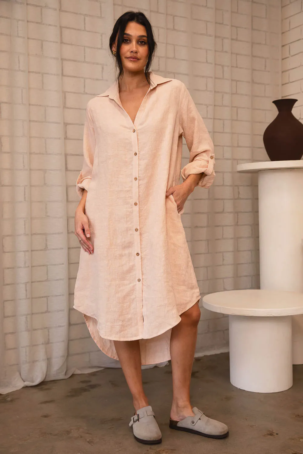 Fundamental Linen Shirt Dress - Blush