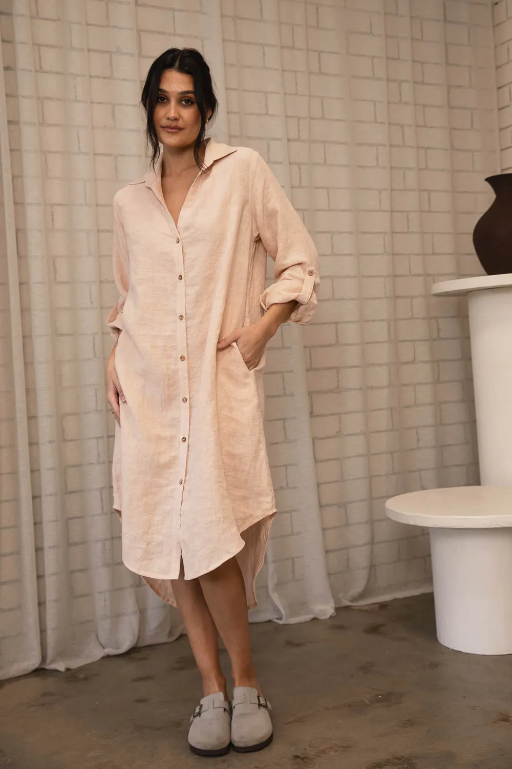 Fundamental Linen Shirt Dress - Blush