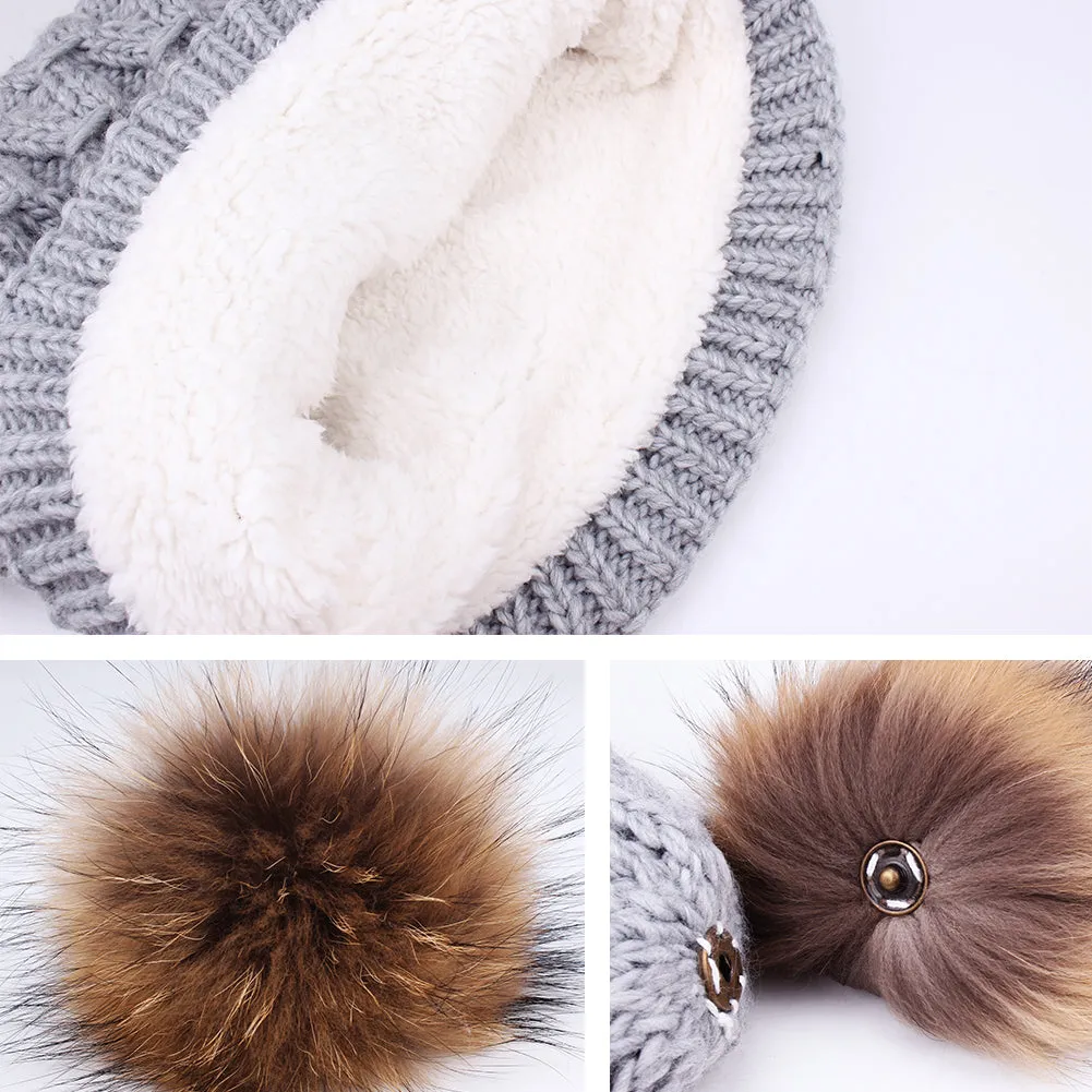 FURTALK Women Winter Real Fur Bobble Hat Scarf Set Diamond Pattern Drop Shipping HTWL091