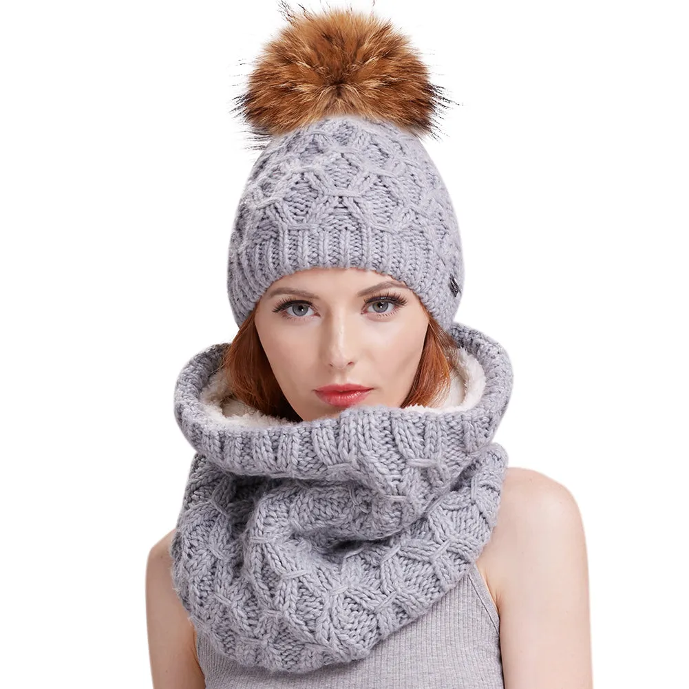 FURTALK Women Winter Real Fur Bobble Hat Scarf Set Diamond Pattern Drop Shipping HTWL091