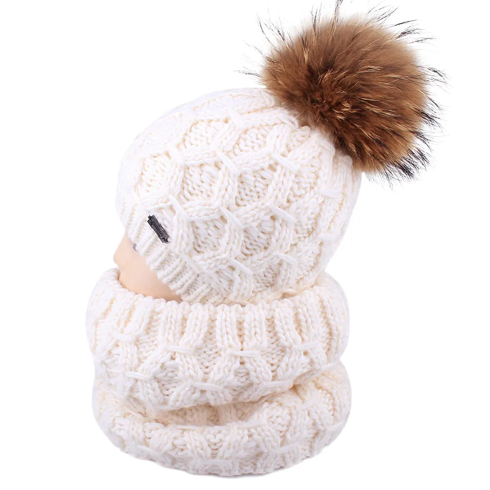 FURTALK Women Winter Real Fur Bobble Hat Scarf Set Diamond Pattern Drop Shipping HTWL091