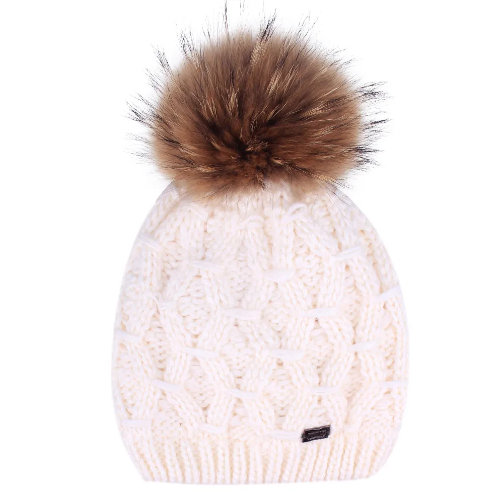 FURTALK Women Winter Real Fur Bobble Hat Scarf Set Diamond Pattern Drop Shipping HTWL091