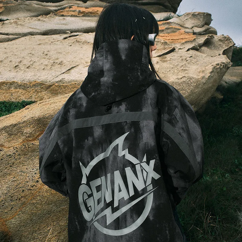 【GENANX2024NEW】Cargo style black gray offset embroidered hooded waterproof jacket with large pockets