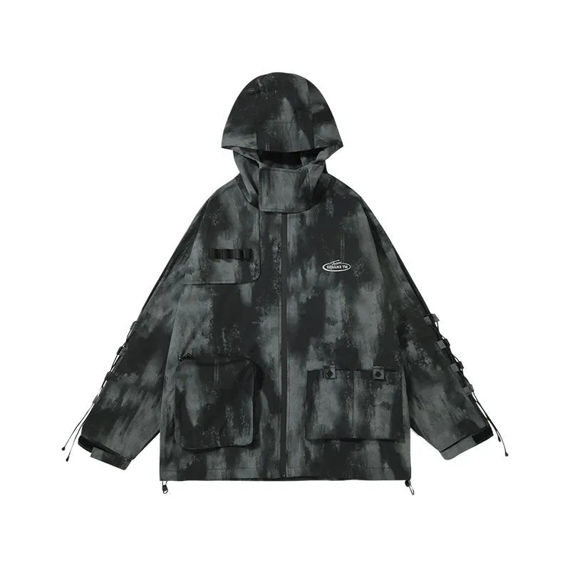 【GENANX2024NEW】Cargo style black gray offset embroidered hooded waterproof jacket with large pockets