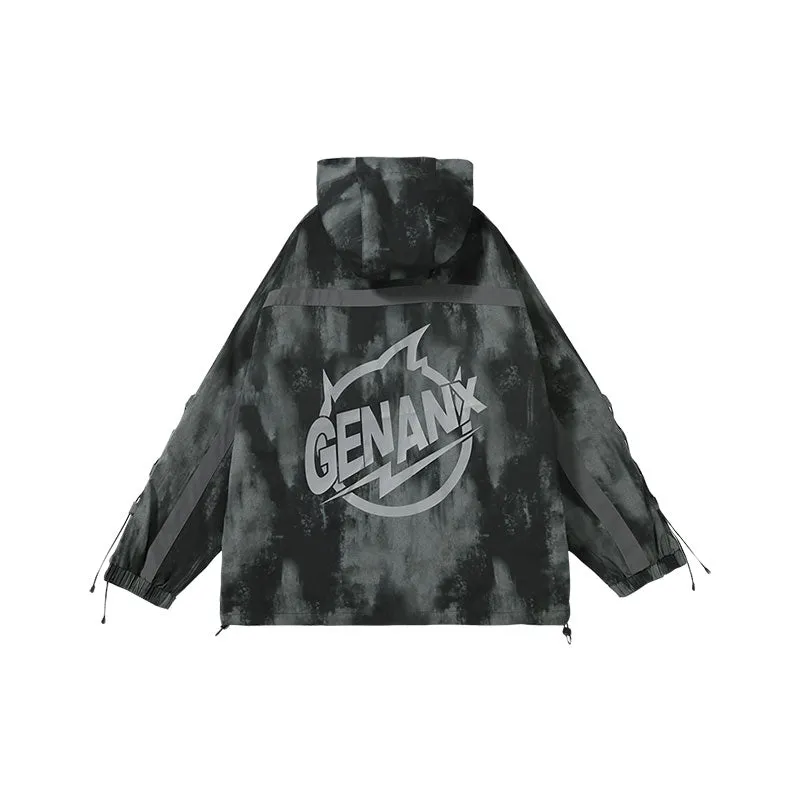 【GENANX2024NEW】Cargo style black gray offset embroidered hooded waterproof jacket with large pockets