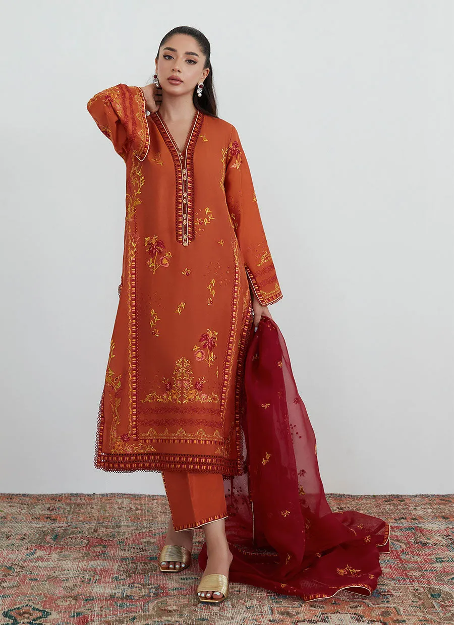 Ginger Rust Embroidered Shirt with Organza Dupatta