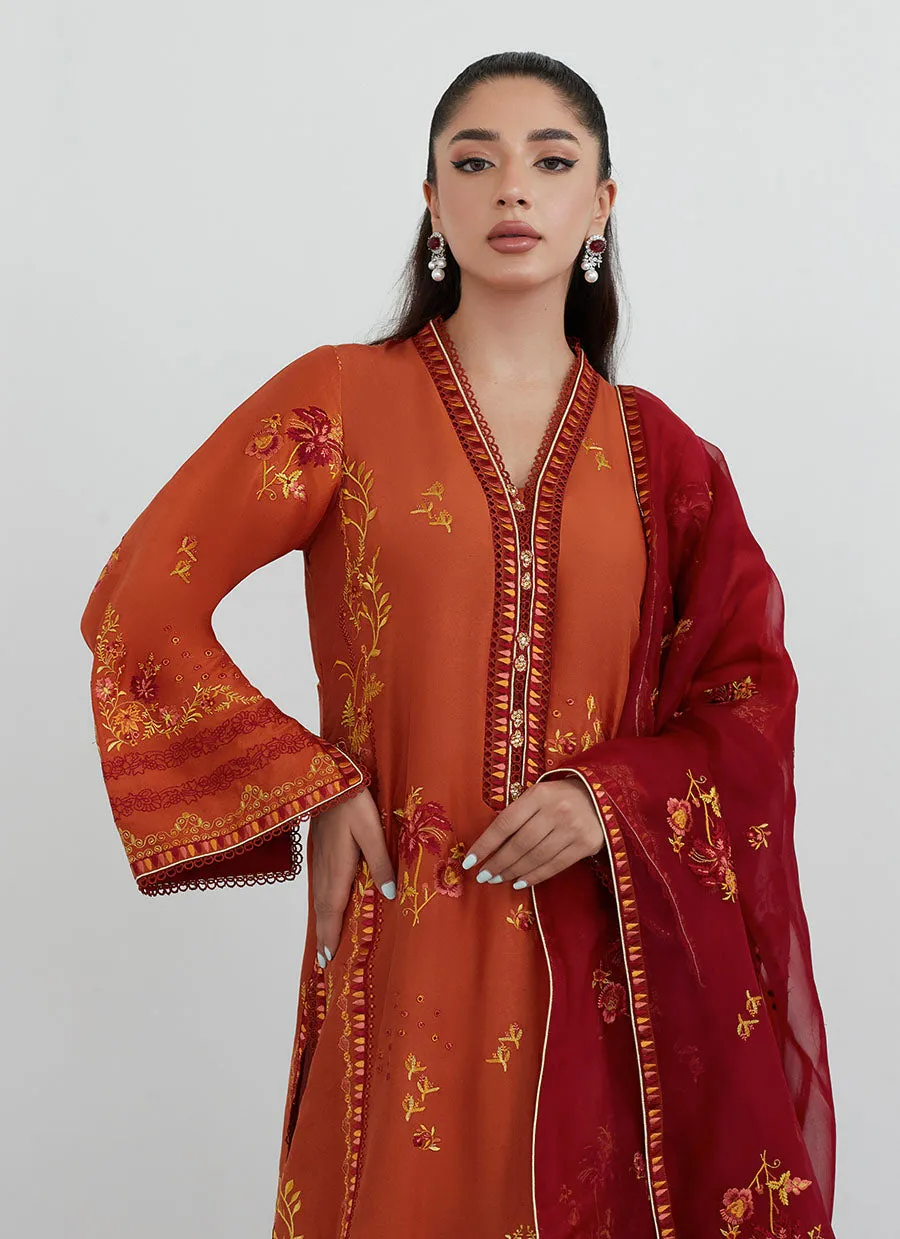 Ginger Rust Embroidered Shirt with Organza Dupatta