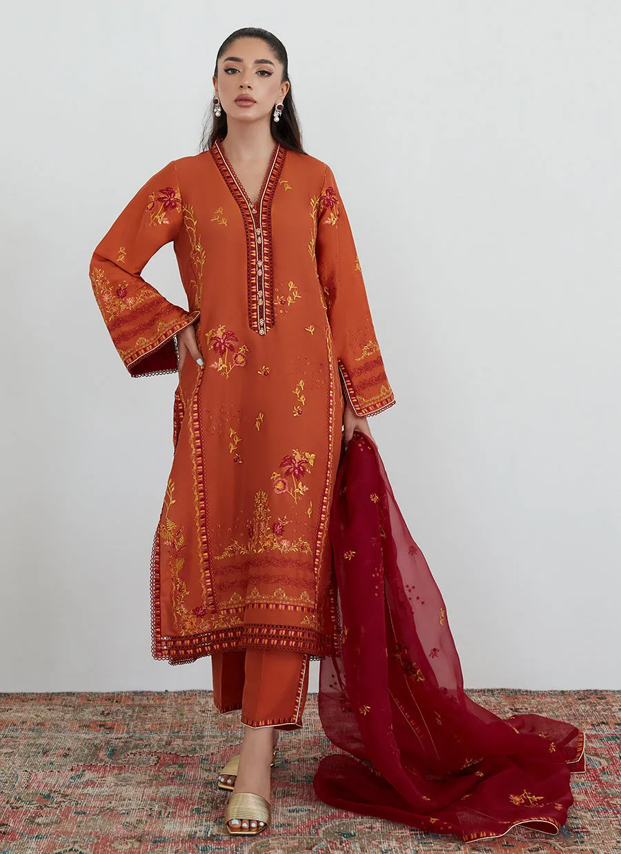 Ginger Rust Embroidered Shirt with Organza Dupatta