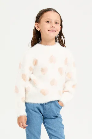 Girls White And Pink Heart Embellished Pullover