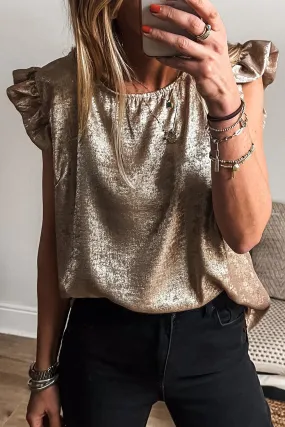 Gold Metallic Solid Color Ruffle Shoulder Blouse