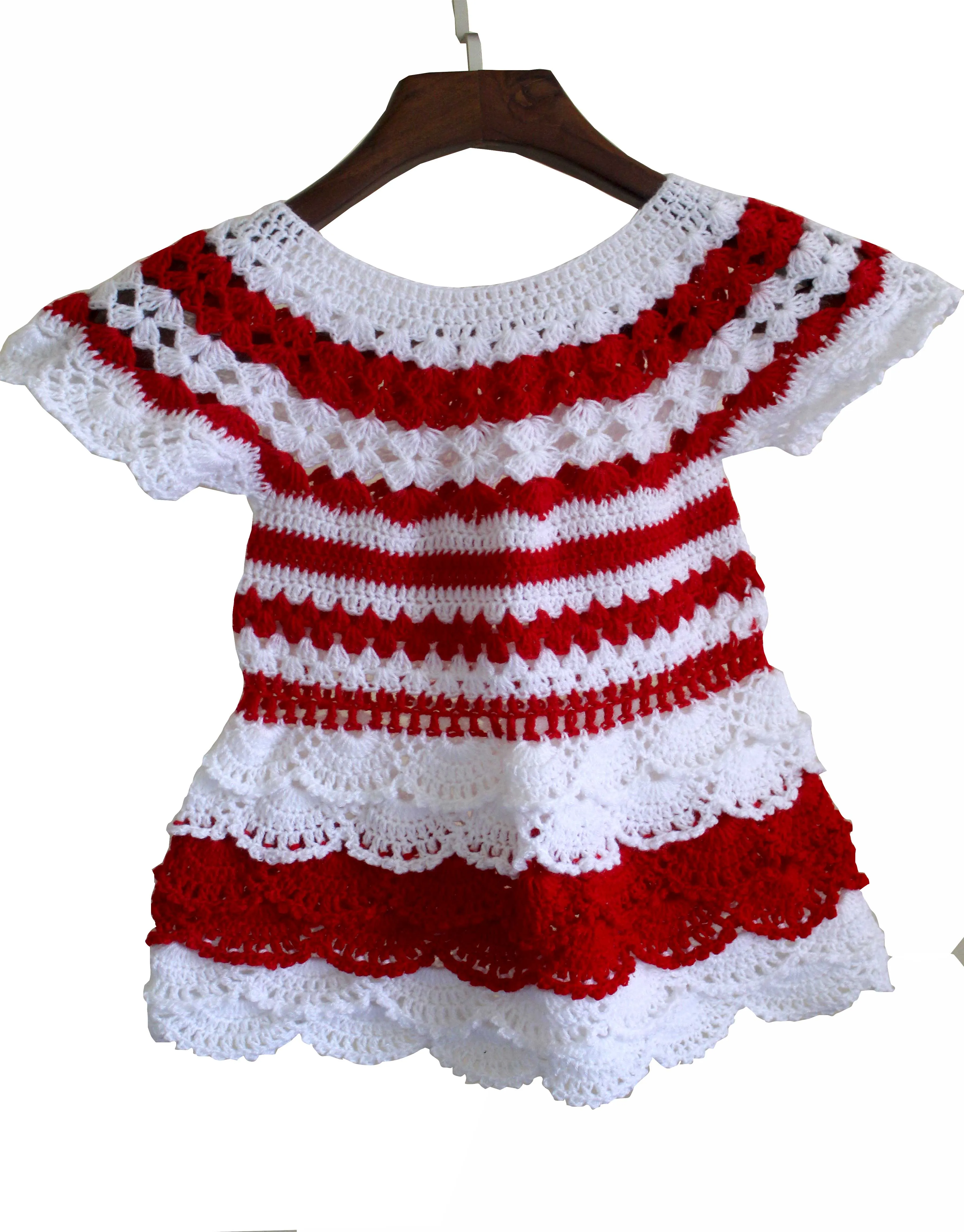 Graminarts Handmade Crochet Woonie Short Sleeve Beautiful Dress For Baby Girl  White & Red