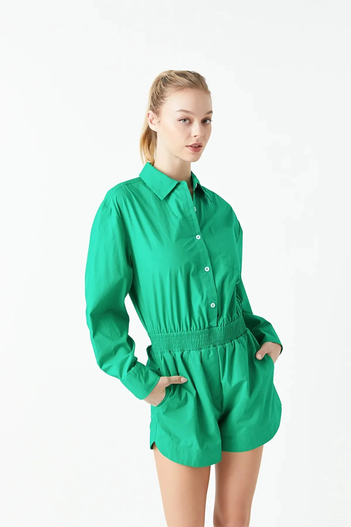 Green Long Sleeve Button Front Romper