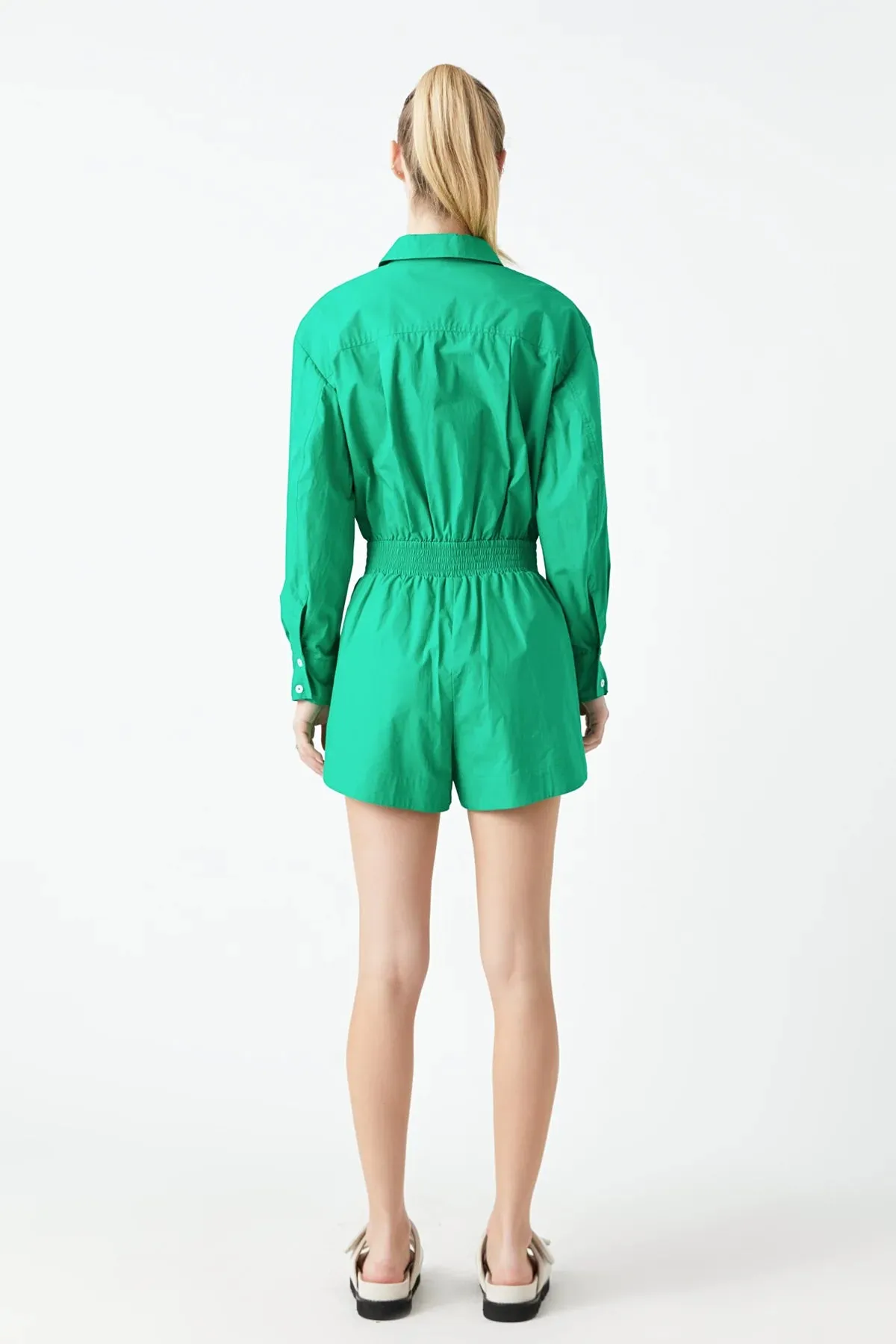 Green Long Sleeve Button Front Romper