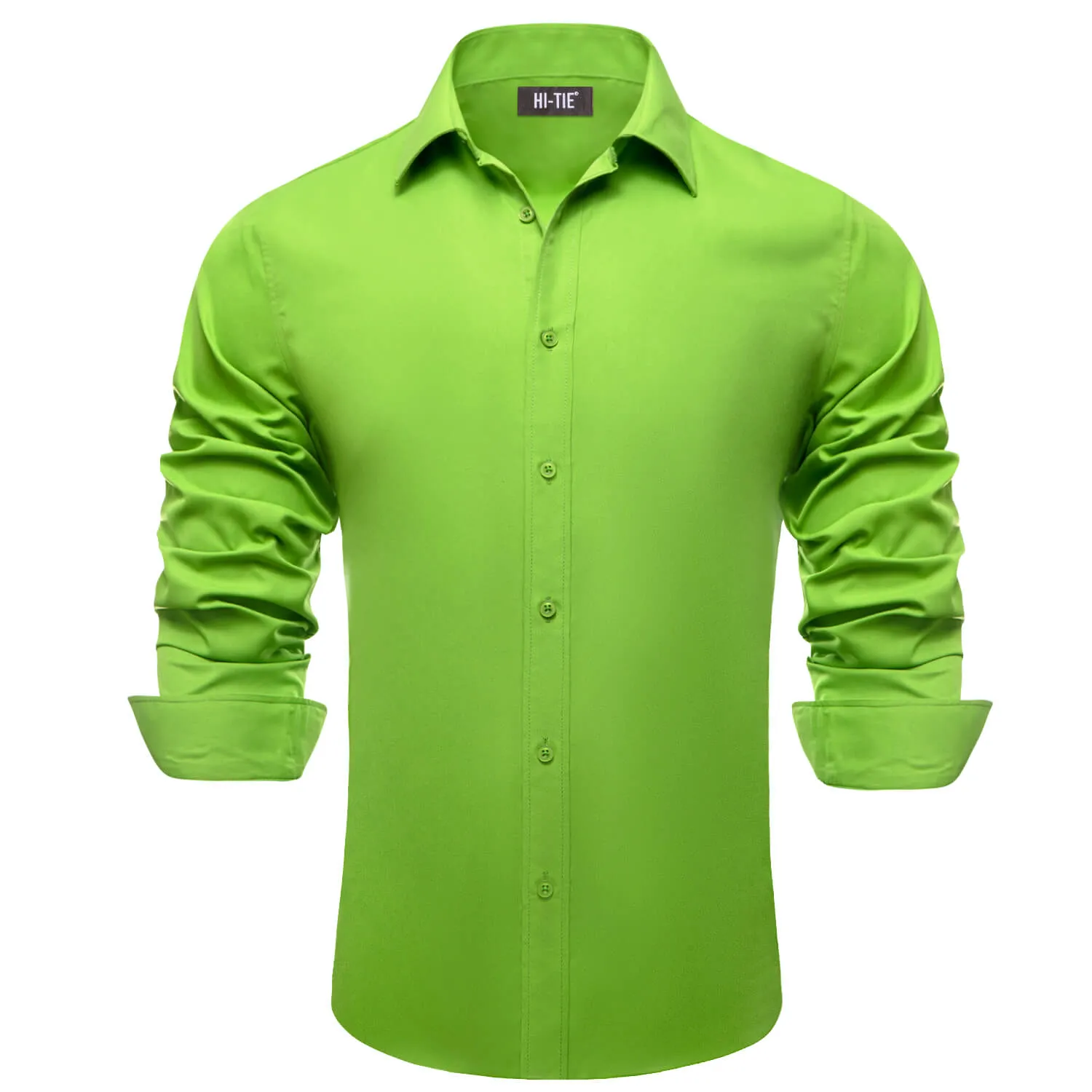 Hi-Tie Long Sleeve Shirt Chartreuse Green Solid Spring Mens Dress Shirt