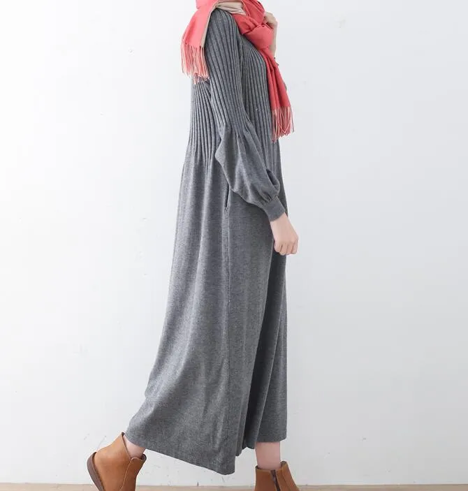 High Collar Loose Cotton Knit Long Dresses Plus Size AMT962328