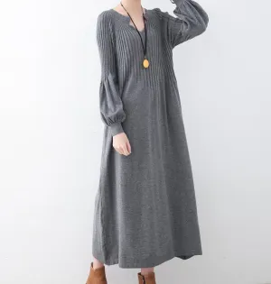 High Collar Loose Cotton Knit Long Dresses Plus Size AMT962328