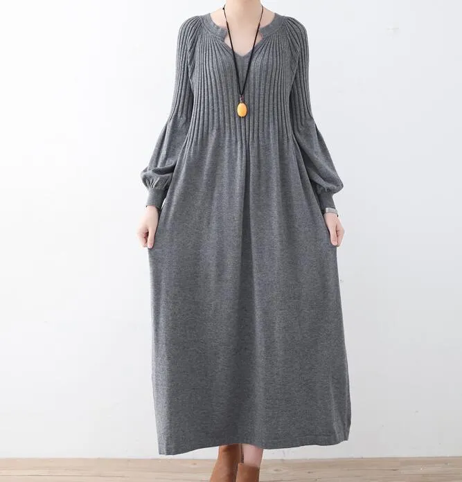 High Collar Loose Cotton Knit Long Dresses Plus Size AMT962328