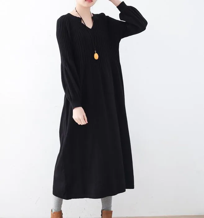 High Collar Loose Cotton Knit Long Dresses Plus Size AMT962328