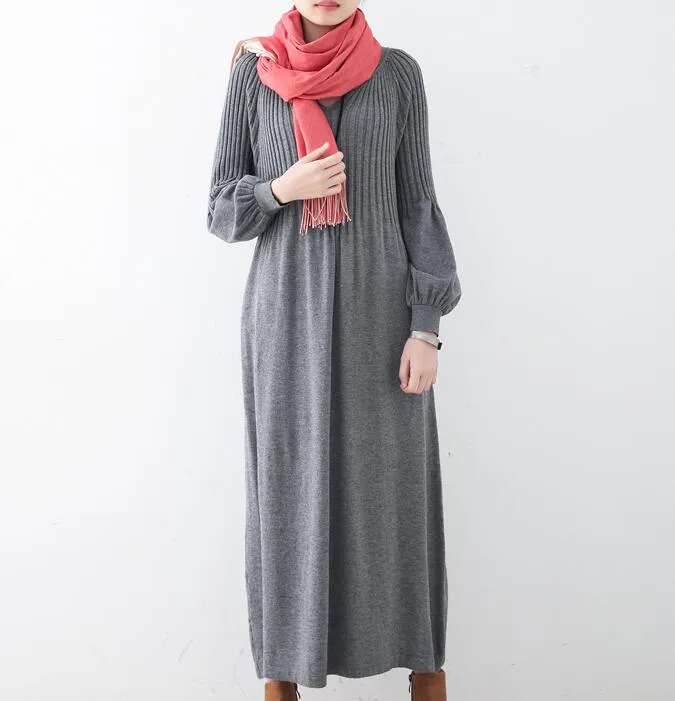 High Collar Loose Cotton Knit Long Dresses Plus Size AMT962328