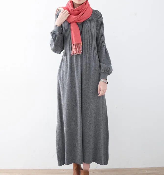 High Collar Loose Cotton Knit Long Dresses Plus Size AMT962328