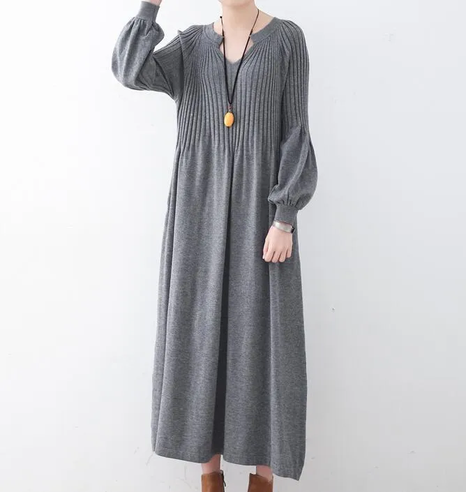 High Collar Loose Cotton Knit Long Dresses Plus Size AMT962328